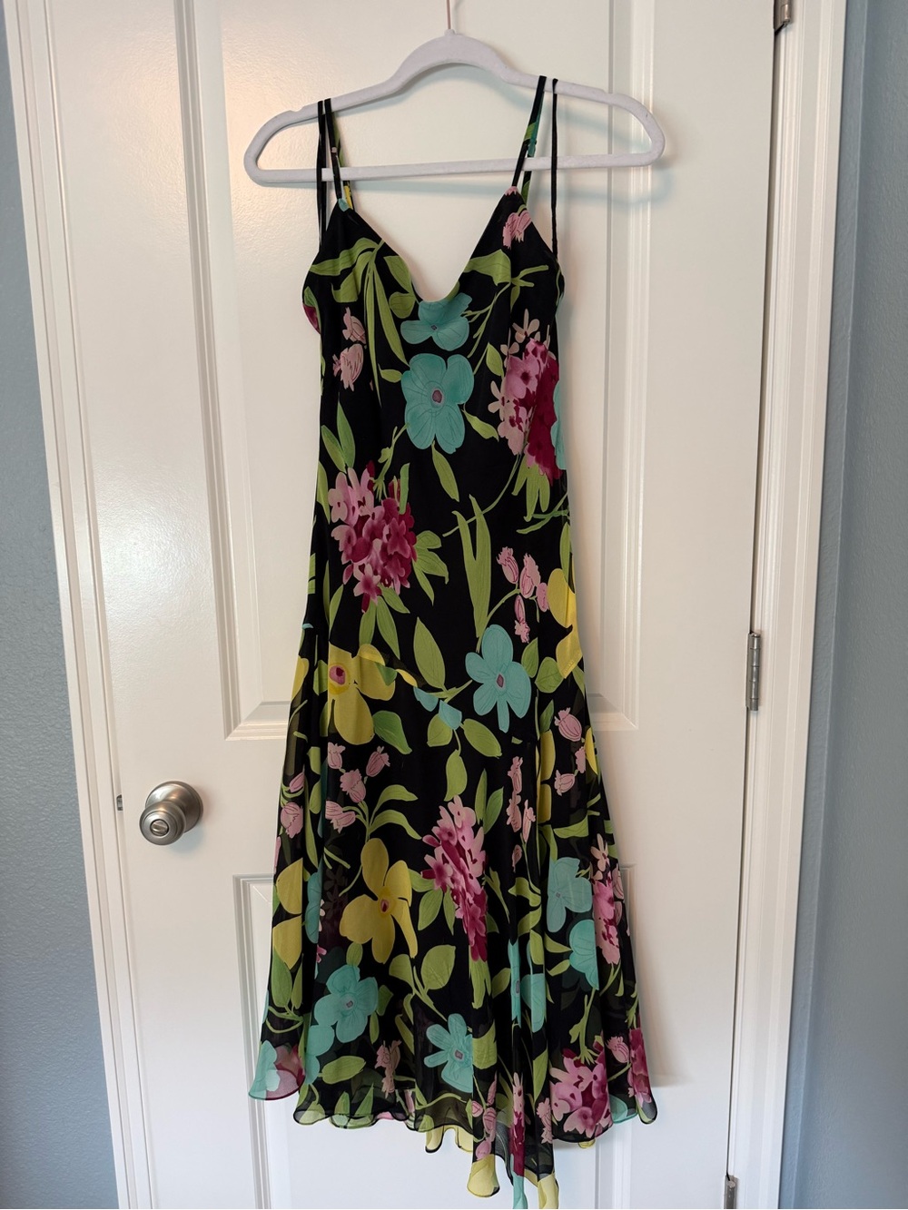 Ralph Lauren Floral Slip Midi Dress - Black with Multicolor Blooms